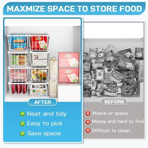Freezer Organizer Bins, 8 Pack Chest Freezer Organizer Stackable for 5-7 Cu.FT Deep Freezer Sort Frozen Meats and Food, Freezer Storage Baskets with Handles Easy Reach from Bottom, White