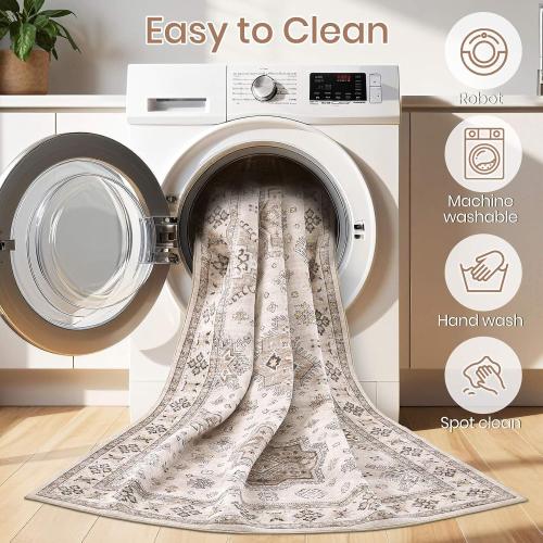 Washable Area Rugs for Living Room -9x12 Neutral Vintage Distressed Floral Farmhouse Boho Large Soft Floor Rug Indoor Non Slip Carpet for Living Room Bedroom Dining Room Office -Beige Brown