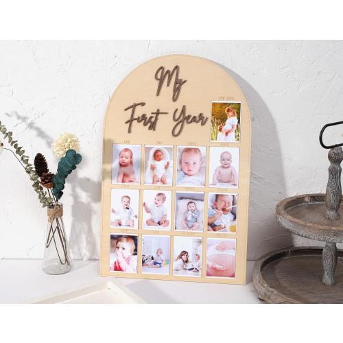 One Year Wood Photo Board - My First Year Month Milestone Board, Girl/Boy 1st Birthday Decorations, 12 Months Banner