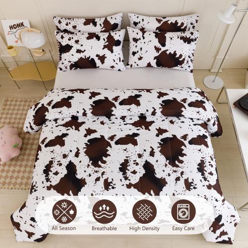 PERFEMET 3Pcs Cow Comforter Set King Size Rustic Cow Print Western Bedding Sets Farmhouse Reversible Checkered Cowhide Bed Quilt Set with Pillowcases (Brown White, King)
