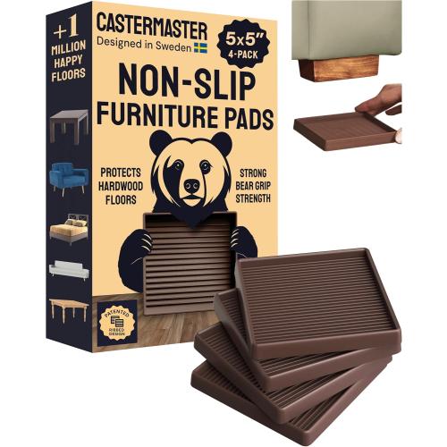 CasterMaster Square Rubber Furniture Pads - 4-Pack, Brown, 5in x 5in - Non Slip Furniture Pads for Hardwood Floors - Floor Protectors for Chairs & Rubber Feet - Stoppers to Prevent Sliding
