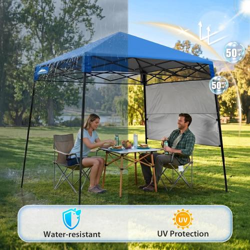 EAGLE PEAK 8x8 Pop Up Canopy Tent with Sidewall, Compact, Portable Slant Leg Instant Sun Shelter for Beach, Sports, & Camping, 8x8 Base 6x6 Top, Blue