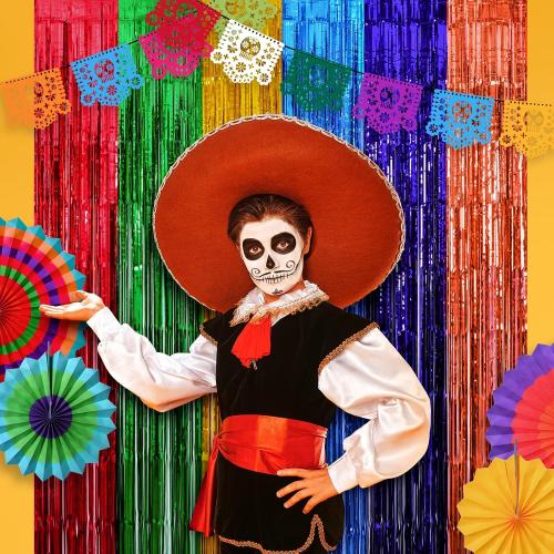 Mega-L Fiesta Taco Foil Fringe Curtains, Mexican Party Backdrop, 2 Pack