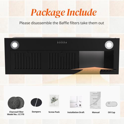 FIREGAS Black Range Hood Insert 36 inch, Built-in Kitchen Hood with 600 CFM, Ducted/Ductless Convertible Vent Hood, Stove Hood with Push Button, Aluminum Filters and Charcoal Filters