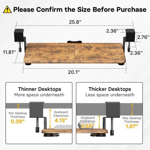 20x11.8 Brown BONTEC KMT01-PJ Under Desk Keyboard Tray, Pull-Out Keyboard & Mouse Platform with C-Clamp, 20 x 11.8 in Space-Saving Ergonomic Slide-Out Drawer, Rustic Brown