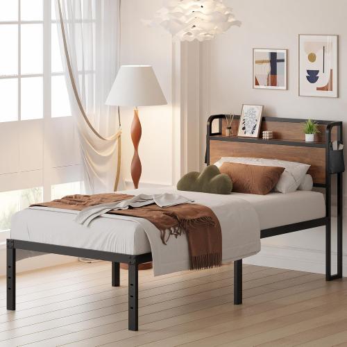 Maenizi 16 Inch Twin XL Bed Frames with Wood Headboard, Storage Bed Frame Twin XL No Box Spring Needed, Noise Free, Mahogany
