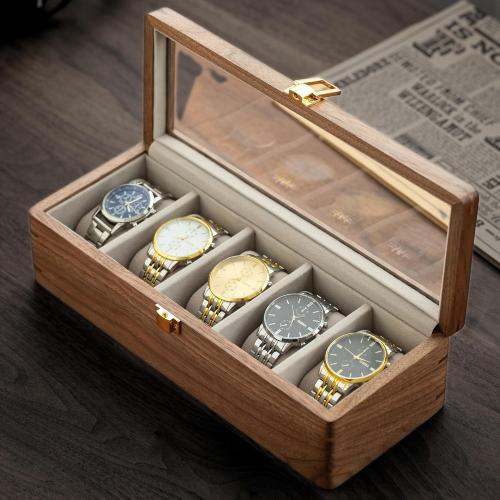 muso wood Watch Display Box, 5 Slot Watch Case for Men, Watch Organizer Box with Glass Lid, Watch Case with Removable Velvet Pillow, Father's Day Gift - 5 Slot, Walnut