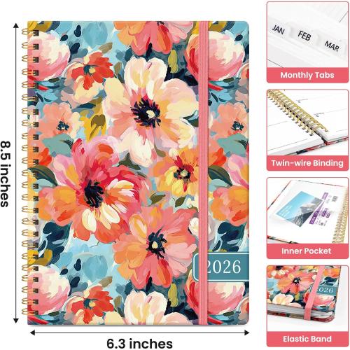 2026 Planner, Weekly and Monthly Calendar Planner for Women, Jan 2026 - Dec 2026, Hardcover Planning Agenda book with Tabs, Spiral Bound, Inner Pocket, Perfect for School Office Supplies, 6.3 x 8.5 - Pastel Garden