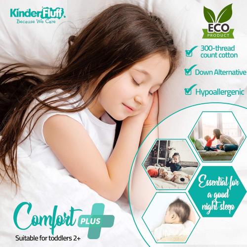 kinder Fluff Toddler Pillows (2pk) - The only Pillow for Kids 300T Cotton Shell & Down Alternative Fill - Machine Washable, Ideal Cushion for Kids Above 2 Years (13x18in - White)
