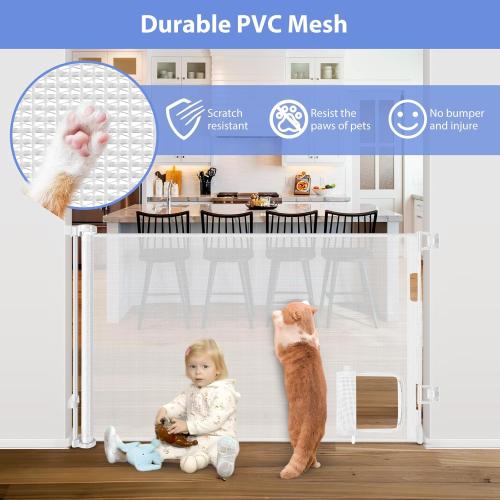 WHITE Retractable Baby Gate with Cat Door 55 Wide Retractable Baby Gate for Stairs Mesh Baby Gate with Pet Door Retractable Dog Gate for The House Retractable Pet Gate with Door Safety Gates for Toddlers