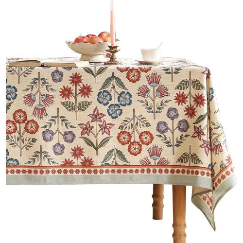 Floral and Tan French Linen Tablecloth for Rectangle Tables,Vintage Multiple Prints Table Cloth,Wrinkle Free Tablecloths,Decor Table Cover for Kitchen,Dining,Tea Party,Home,Christmas