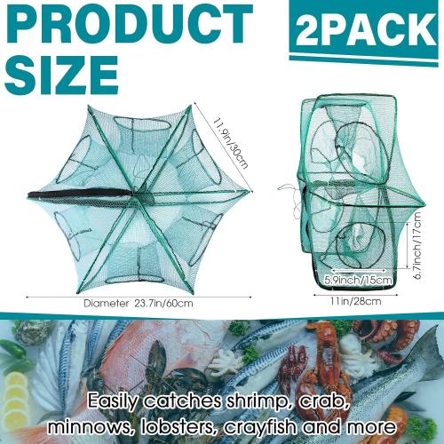 Green and Blue 2 Pcs Foldable Fishing Trap Collapsible Hexagon 6 Hole Fishing Bait Trap Portable Minnow Crayfish Crab Crawdad Shrimp Net Cage Accessories