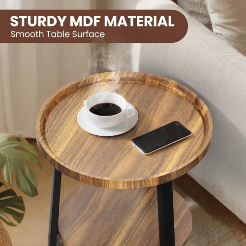 BLACK AND WOODEN COLORED PPAMAPIC Round End Table, 2 Tier Side Table with Storage Shelf, Nightstand Accent Table for Living Room Bedroom Small Space, Black Metal Frame, 19.7 D x 23.6 H, Rustic Brown