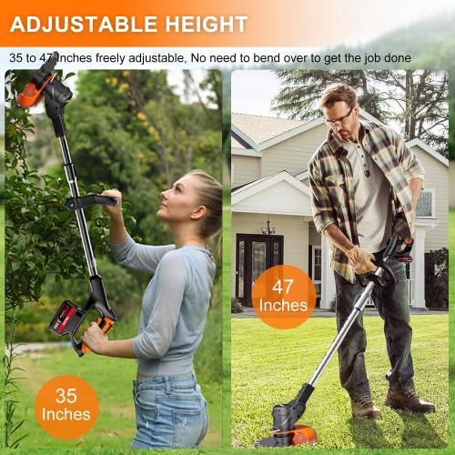 Cordless Weed Wacker with Wheels, 880W Electric Weed Eater Battery Powered with 2 x 21V Batteries, 3-in-1 Grass Trimmer/Brush Cutter with 5 Types Blades for Lawn, Yard & Garden