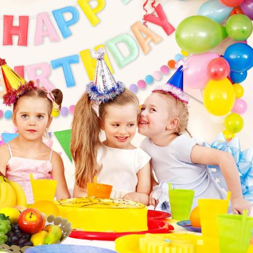 CANREVEL Pre-Strung 3D Happy Birthday Banner, 3 PCS Happy Birthday Felt Garland, Pom Pom Garland, Triangle Fabric Garland Bunting, Reusable Birthday Decorations for Women Men Girls Boys, Pastel
