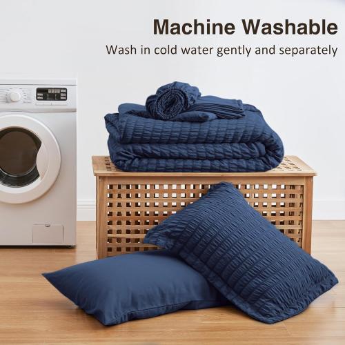 Love's cabin Seersucker Dark Blue Twin Comforter Set 5 Pieces, All Season Bedding Set, Twin Bed in a Bag Comforter Set with Comforter, Flat Sheet, Fitted Sheet, Pillowcase and Pillow Sham