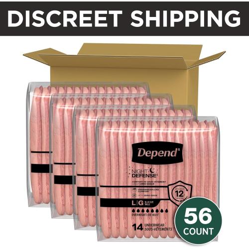Depend Night Defense Adult Diapers, Incontinence & Postpartum Bladder Leak Underwear for Women, Disposable, Overnight, Large, Blush, 56 Count (4 Packs of 14), Packaging May Vary