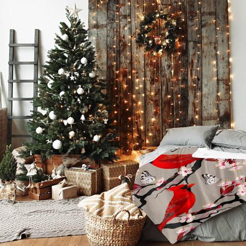 JOOCAR Flannel Throw Blanket Cardinals Birds Cherry Flowers Cozy&Soft Plush Blankets for Bed Couch Living Room Sofa Chair