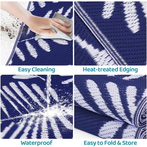 StepRite Outdoor Rug, Patio Rug, Plastic Straw Camping Rugs, Large Waterproof Area Rug and Mat for Outdoors, RV, Patio, Backyard, Deck, Porch, Beach, Balcony, (6'x 9', White & Blue)