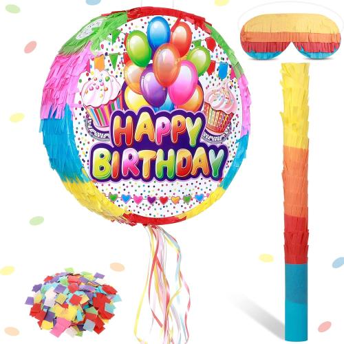 Birthday Theme Party Piñata Happy Birthday Piñata Large Boy and Girl Birthday Piñata Pull String Includes Stick Blindfold Confetti for Birthday Christmas Cinco De Mayo Party Decor, 12 x 12 x 3 Inches