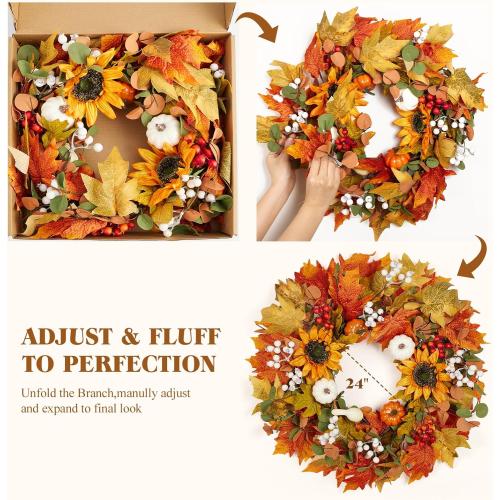 Fall Wreath for Front Door, 22-24 Autumn Wreath with Sunflower, Pumpkin, Berry. Artificial Home Decorations for Indoor Outdoor Window Wall Porch,UV Resistant Seasonal Decor for Thanksgiving Halloween