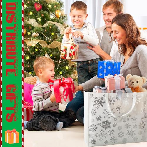 PerKoop 4 Pcs Extra Large Christmas Snowflake Gift Bag 20 x 16 Inch Jumbo Metallic Silver Bag Large Tote with Handles Christmas Tree Reusable Non Woven Gift for Xmas Party Favor Supplies
