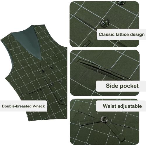 Size XXL color green Men's Slim Fit 3 Piece Plaid Suit Set,Business Formal Attire Solid Blazer Jacket Vest Pants