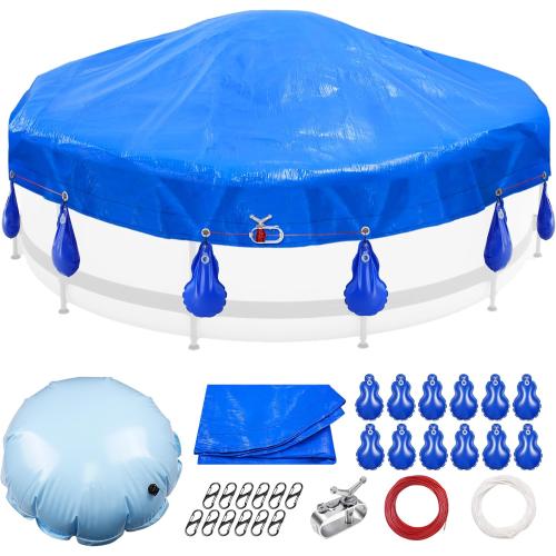 Size 18' Round Pool Cover for Above Ground Pools - Winter Above Ground Pool Cover Kits with 3.6' Pool Pillow, 12 Pool Cover Weights, Wirerope & Rope Tensioner and Hooks, Pool Winter Cover Accessories