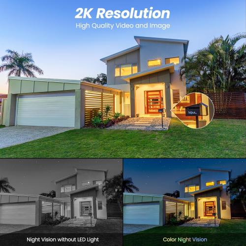 2K Cameras for Home Security-2.4G WiFi Outdoor Camera Wireless Solar/Battery Powered with solar panel, 360° Viewing, AI Human Detection, Color Night Vision, with SD Storage, Works with Alexa(2 Pack)