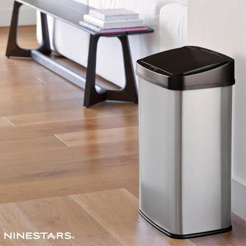Ninestars Automatic Touchless Infrared Motion Sensor Trash Can, Stainless Steel Base (Rectangular, Black Lid), Black Trim