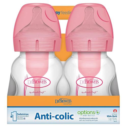 Dr. Brown's Natural Flow Anti-Colic Options  Wide-Neck Baby Bottles 5 oz/150 mL,with Level 1 Slow Flow Nipple, Pink 4 Pack, 0m