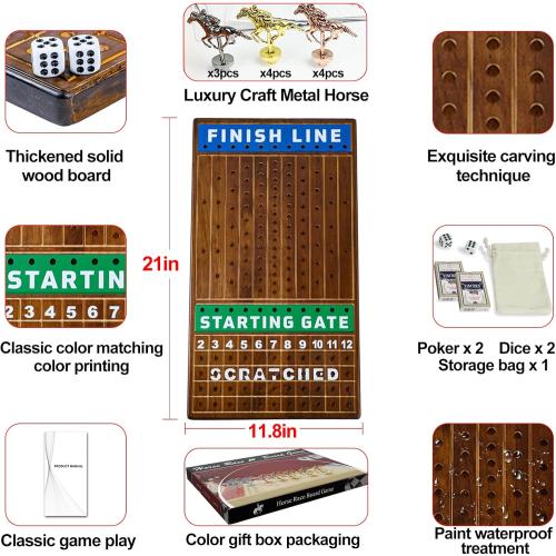 Size Large 21 inch Finish LINE Horse Racing Board Game is Equipped with 11 Luxury Metalcraft Horses Adult Chessboard Including 2 Dice and 2 Boxes of Cards (Flaming Color)