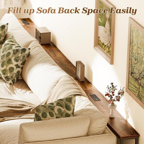 SUPERJARE 110.2 Inch Sofa Table with 2 Power Outlets and USB-C Port, 5.9 Inch Narrow Console Table with Storage, Extra-Long, for Entryway Hallway Couch Behind Sofa, Small Spaces, Rustic Brown