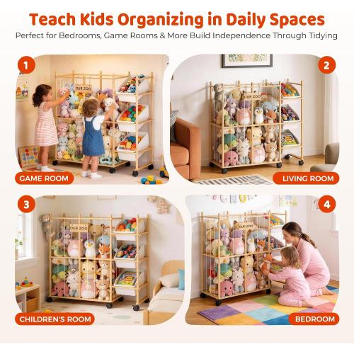Sevenblue Toy Storage Organizer with 3 Removable Bins, Kids Storage Toy Shelf Organizer for Stuffed Animal Holder for Bedroom Playroom Nursery | Wood & White