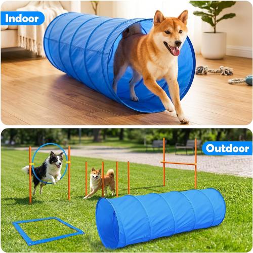 XiaZ Dog Agility Course Backyard Set, Dog Obstacle Course Training Starter Kit Pet Outdoor Game with Tunnel, Agility Hurdle, Weave Poles, Jump Ring, Pause Box, Collapsible Dog Bowls and Storage Bag