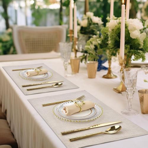 SLKQG Linen-Look Placemats Set of 8, Heat Resistant & Machine Washable Double-Layered Cloth Placemats for Dining Table, Indoor/Outdoor Use, Non-Slip Kitchen Table Mats (8, Light Linen)