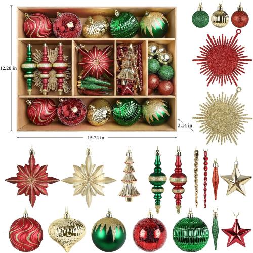 SHareconn 80pcs Christmas Balls Ornaments Set, Contemporary Luxury Gift Set, Shatterproof Plastic Decor for Xmas Tree Holiday Wedding Party Decorations with Hanging Strings, Red Green and Gold