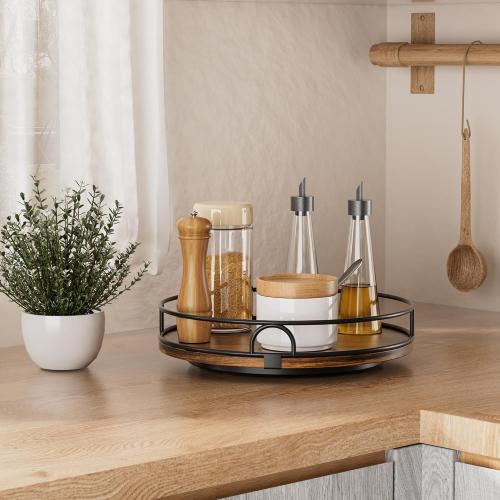 LAMU 11'' Rotating Lazy Susan Organizer, Wooden Lazy Susan Turntable