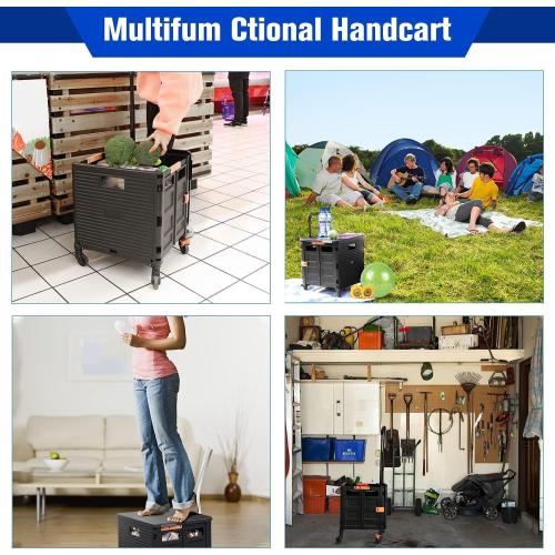Utility Cart Folding Portable Rolling Crate Handcart with Lid Durable Heavy Duty Plastic Telescoping Handle Collapsible 360 Degree Rotate Wheels for Travel Shopping Moving Luggage Office Use,Black