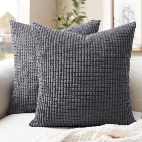Softalker Throw Pillow Covers 18x18 Inch, Set of 2, Soft Corduroy Boho Stripe Decorative Pillow Cover, Couch Fluffy Pillow Cover for Farmhouse Home Decor Bed Living Room, Dark Grey