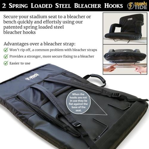BRAWNTIDE Stadium Seat with Back Support - Comfy Cushion, Thick Padding, 2 Steel Bleacher Hooks, 4 Pockets, 2 Cup Holders, Reclining Back, Ideal Chair for Sport Events, Beaches, Camping, Concerts