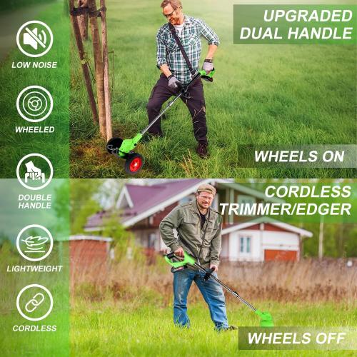 Electric Weed Wacker Cordless Eater 3 Battery, Foldable and Lightweight Grass Trimmer/Brush Cutter,5 Types Blade&Wheels 21V 2.0Ah Battery (3 Pieces) Powered for Garden and Yard (Non-Foldable)