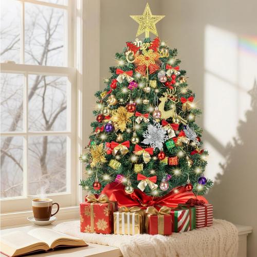 Small Christmas Tree with Lights, 24 inch/2FT Tabletop Desk Christmas Tree with 100 Branches 70 Ornaments Artificial Small XMS Tree for Table Desk Home Christmas Holiday Decor