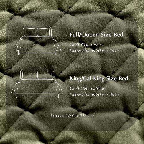 EverGrace Luxury Velvet Quilt Set King Size 3 Piece, Soft Cross-Stitch Velvet Comforter Set with Pillow Shams, Lightweight Coverlet Bedspread Bedding Set for All Seasons, Moss Green
