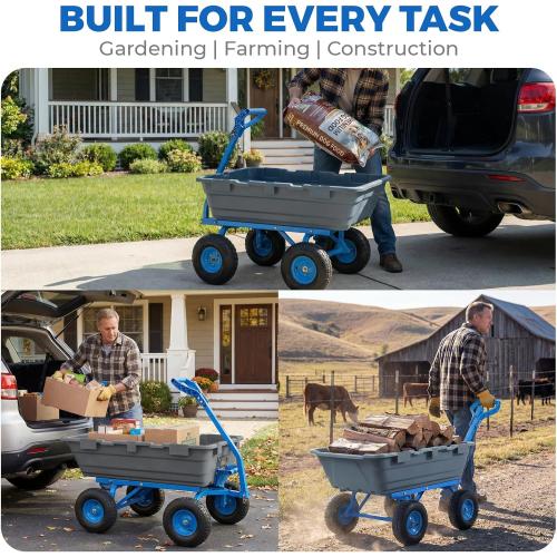 Sekey 1000lbs Garden Dump Cart for Seniors, Capacity Yard Wagon with Rubber Tires, Quick-Release Dumping & Easy-Maneuver Handle for Soil, Rocks, and Firewood, Gray