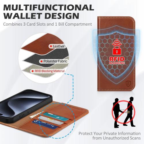 SHIELDON Case for iPhone 15 Pro Max 6.7, Genuine Leather Wallet Flip Magnetic Cover RFID Blocking Credit Card Holder Kickstand TPU Shockproof Case Compatible with iPhone 15 Pro Max 5G - Retro Brown