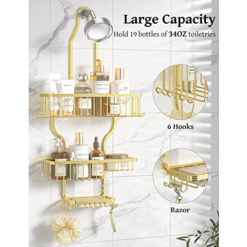 Gold Shower Caddy Over Shower Head Never Rust Aluminum Large Hanging Shower Caddy with 10 Hooks for Razor/Sponge - Over The Shower Head Caddy with Soap Basket - Hanging Shower Organizer Gold