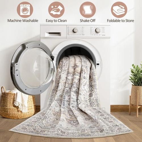 Area Rug Living Room: Washable Boho Large Neutral Vintage Soft Rugs Stain Resistant Farmhouse Non Slip Indoor Floor Carpet for Bedroom Nursery Kids Playroom Office Dining Room Home- Ivory Gray