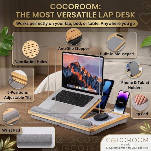 Lap Desk for Laptop – Bed Desk Tray Table with Cushion, 5 Angles, Phone & Tablet Holder, Mouse Pad & Ventilation – Laptop Stand, Lap Table, Couch Desk for 15”-17” Laptops (Gray)