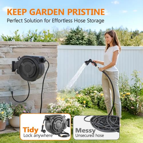 wikiwiki Retractable Garden Hose Reel 1/2 in x 100 ft, Heavy Duty Wall Mounted Hose Reel with 10- Function Sprayer Nozzle, Automatic Slow Return System/180°Swivel Bracket/UV Resistant (Black)